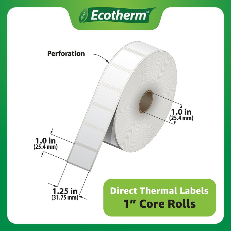 Ecotherm 1.25" x 1" Thermal Labels | 6 Rolls | 14040 Labels | fits Zebra, Godex, Arkscan, iDPRT, Offnova Thermal Label Printers and More | Blank White Adhesive Stickers by Ecotherm - Image 3